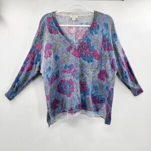 Sundance Blue Purple Floral Print 100% Cotton High Low Pullover Sweater Size S